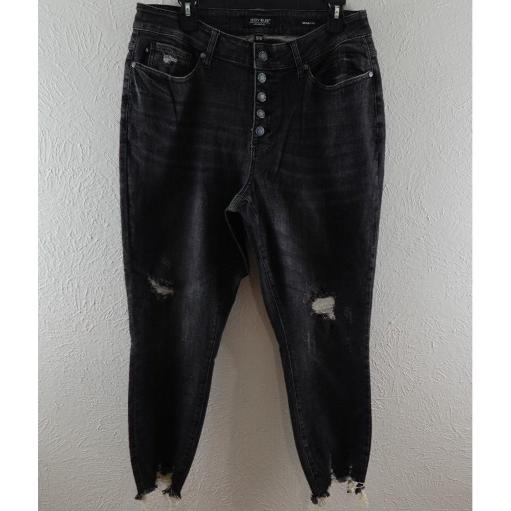 Judy Blue Jeans Womens 16w Black Skinny Distressed Button Fly Raw Hem High‎ Rise